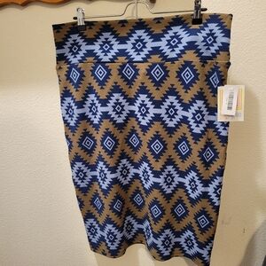 LuLaRoe Cassie Womens XL Midi Skirt Print Blue Geometric Career Casual NWT